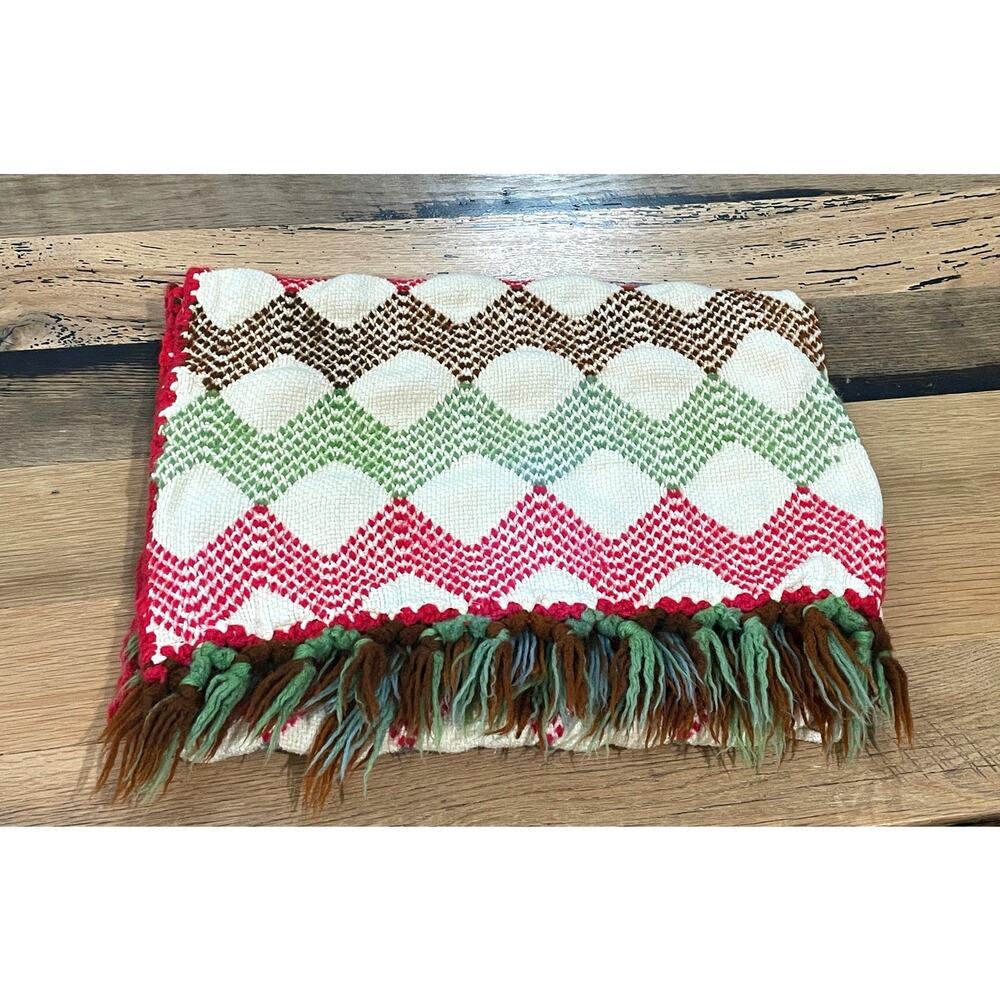 Vintage Handwoven Blanket Geometric Folk Art Pattern Fringed Border